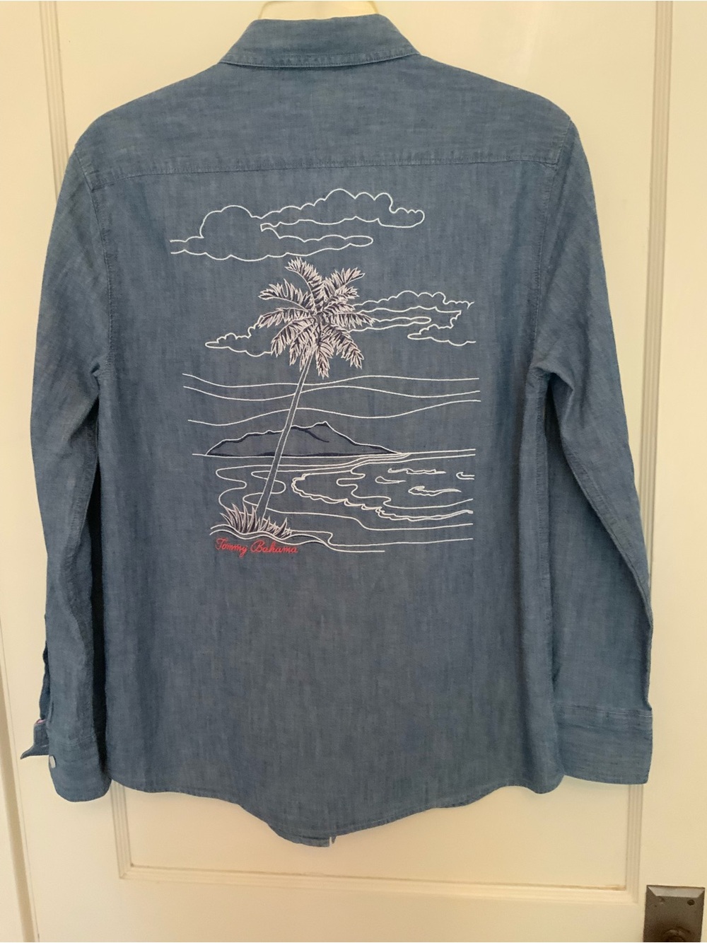 Tommy Bahama Light Blue Shirt with Pink Trim, Sz S Collectors Item
